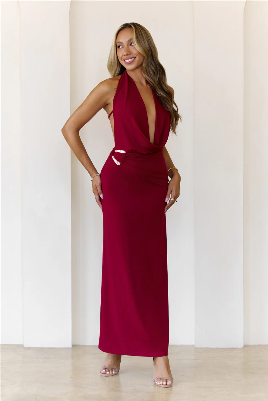 Silk Essence Halter Maxi Dress Burgundy