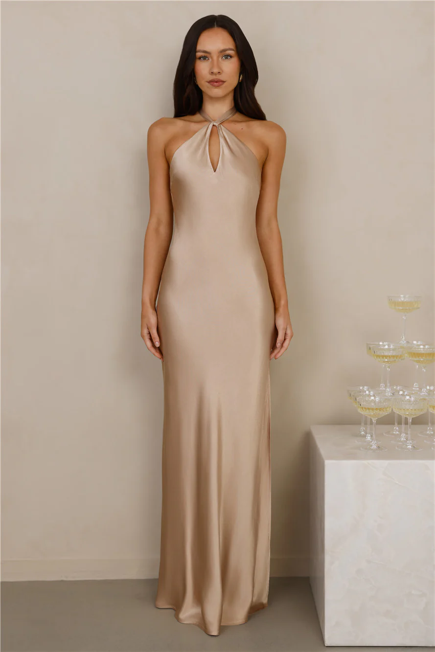 The Delilah Satin Halter Maxi Dress Champagne