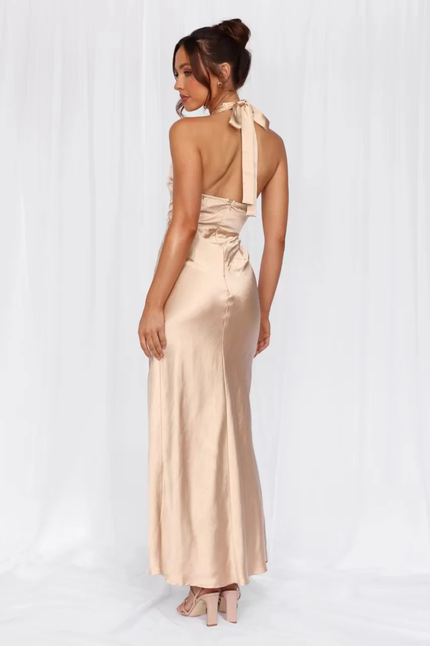 The Adeline Halter Satin Maxi Dress Champagne