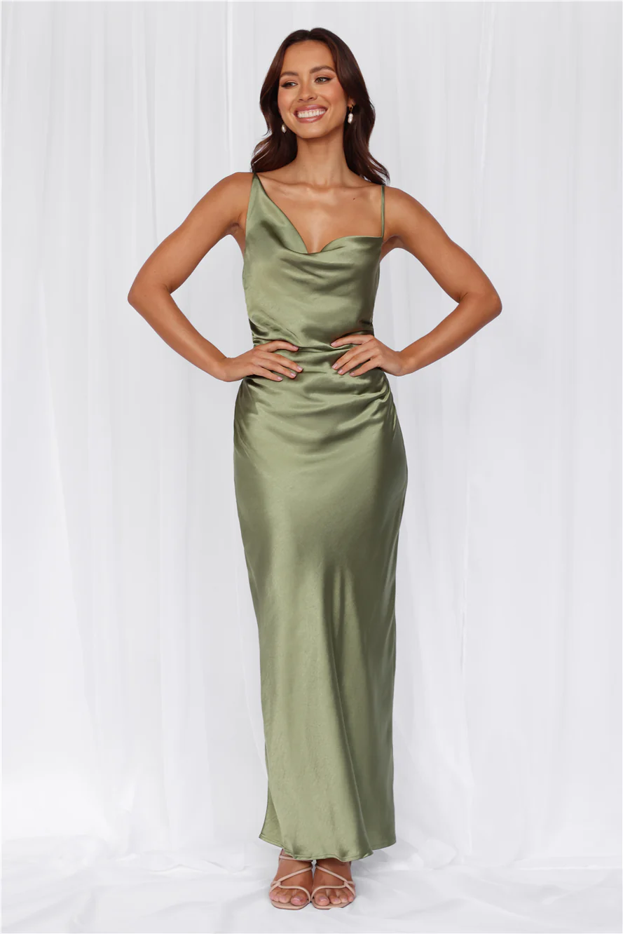 The Madeline Cowl Satin Maxi Dress Olive