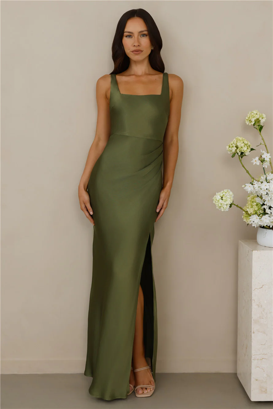 The Evelina Satin Maxi Dress Olive