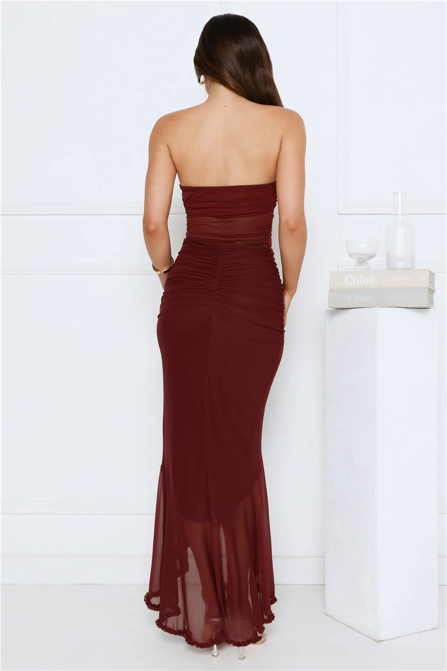 Spark Soirée Strapless Mesh Maxi Dress Burgundy