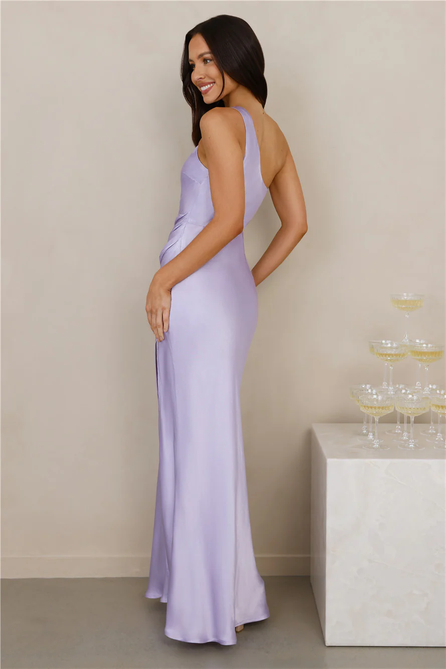 The Aurora One Shoulder Satin Maxi Dress Lilac