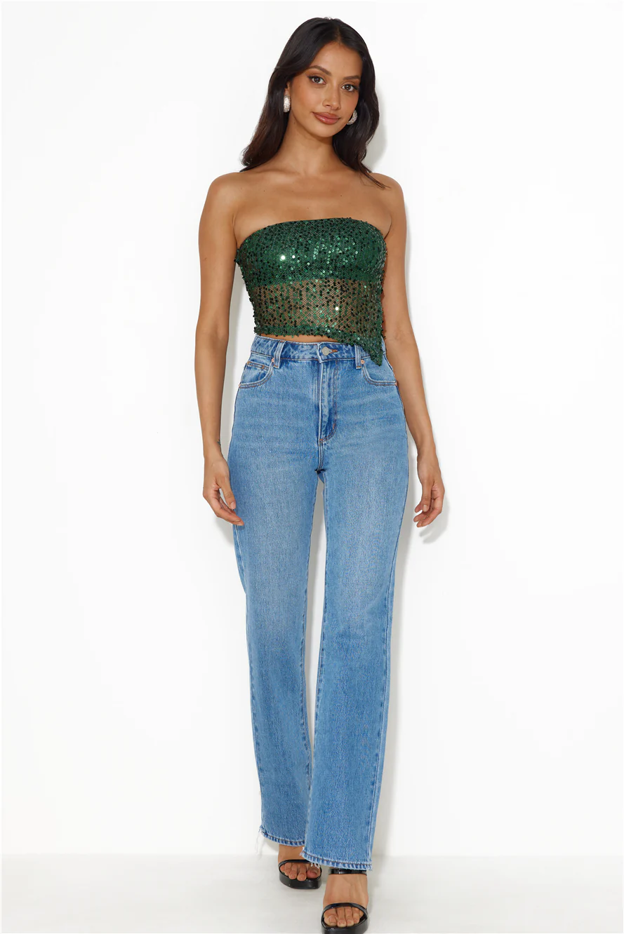 She Is The Party Strapless Sequin Crop Top Teal