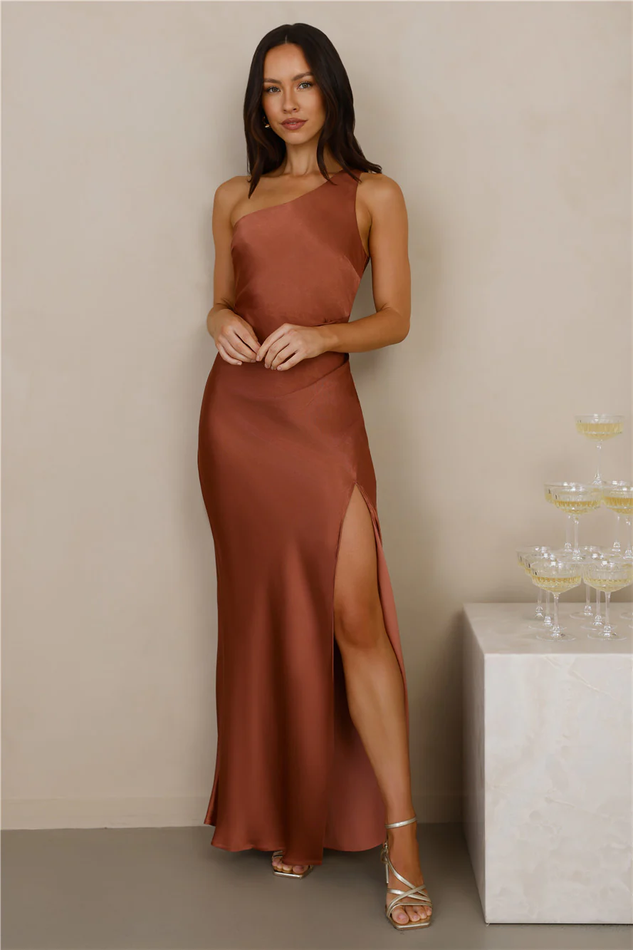 The Aurora One Shoulder Satin Maxi Dress Copper
