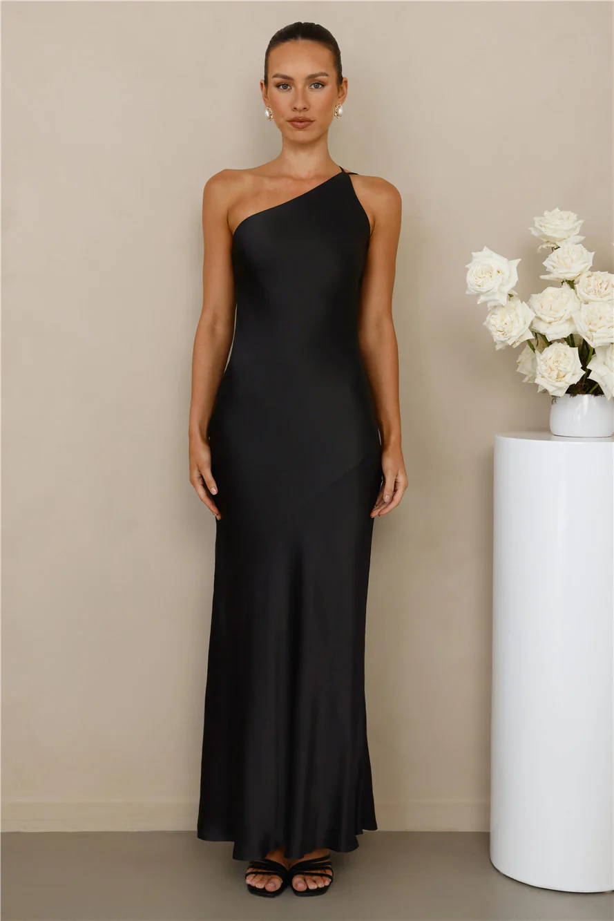 The Evangeline One Shoulder Satin Maxi Dress Black