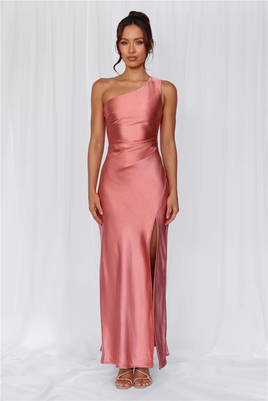 The Aurora One Shoulder Satin Maxi Dress Rose