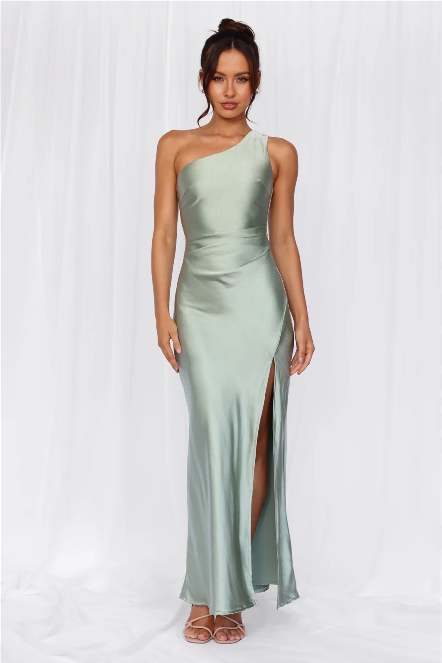 The Aurora One Shoulder Satin Maxi Dress Sage