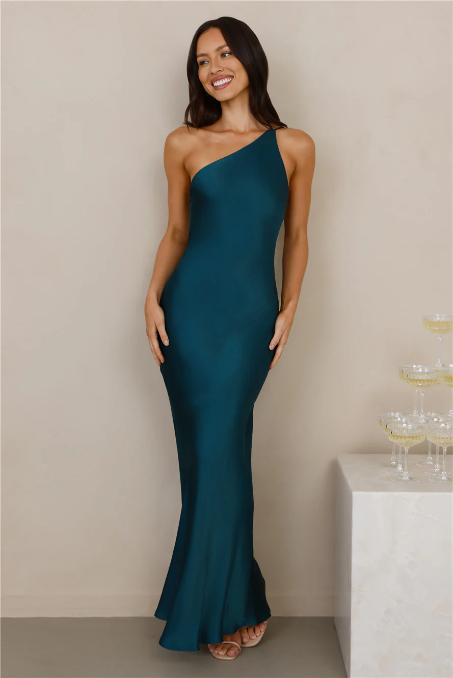 The Evangeline One Shoulder Satin Maxi Dress Teal