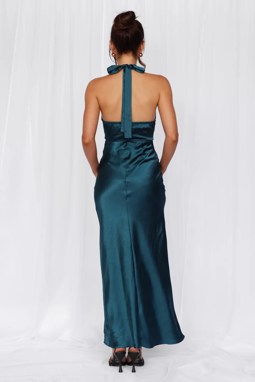The Adeline Halter Satin Maxi Dress Teal