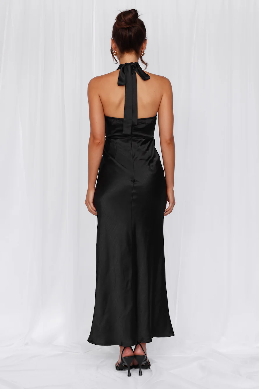 The Adeline Halter Satin Maxi Dress Black