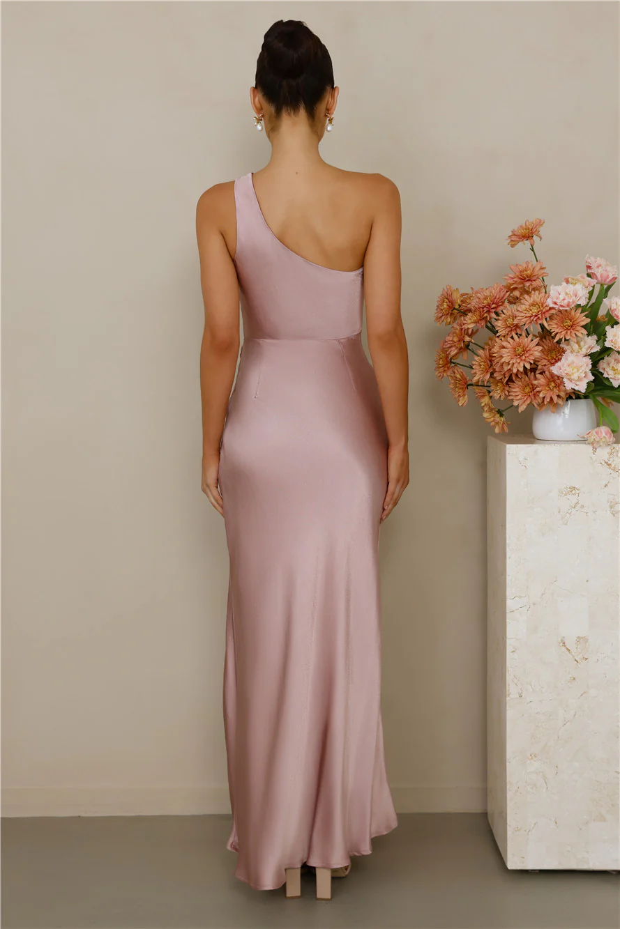 The Aurora One Shoulder Satin Maxi Dress Dusty Pink