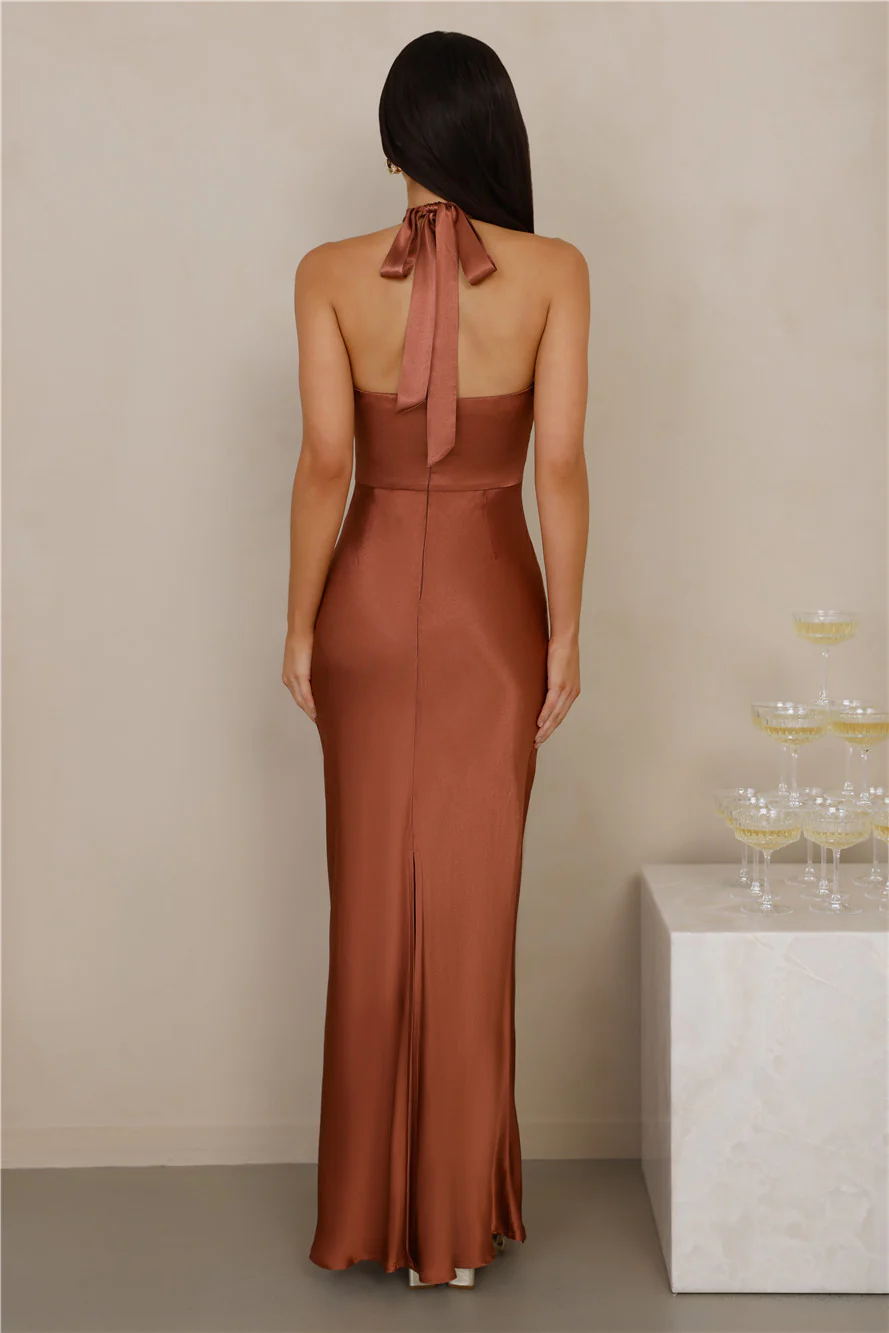 The Cleo Halter Satin Maxi Dress Copper