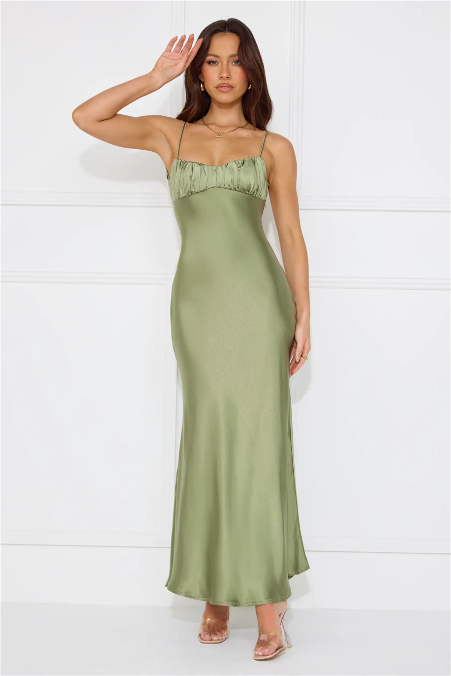 Silk Shimmers Satin Maxi Dress Olive