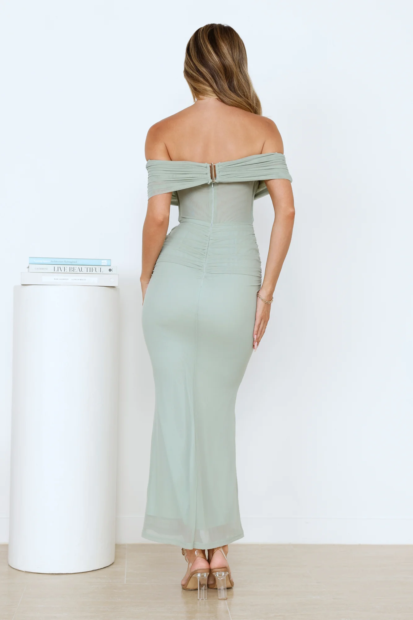 Swan Song Off Shoulder Mesh Maxi Dress Sage