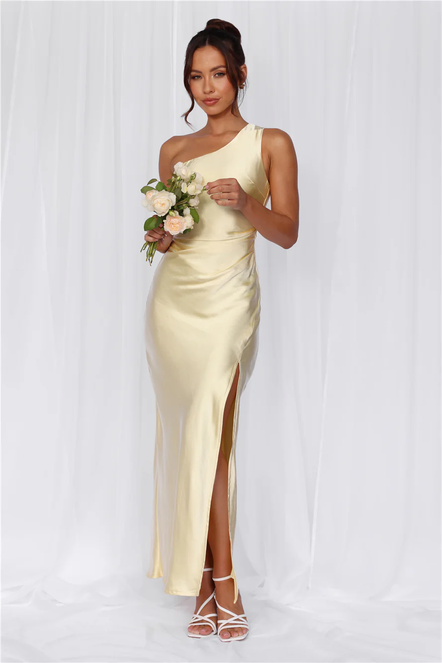The Aurora One Shoulder Satin Maxi Dress Yellow