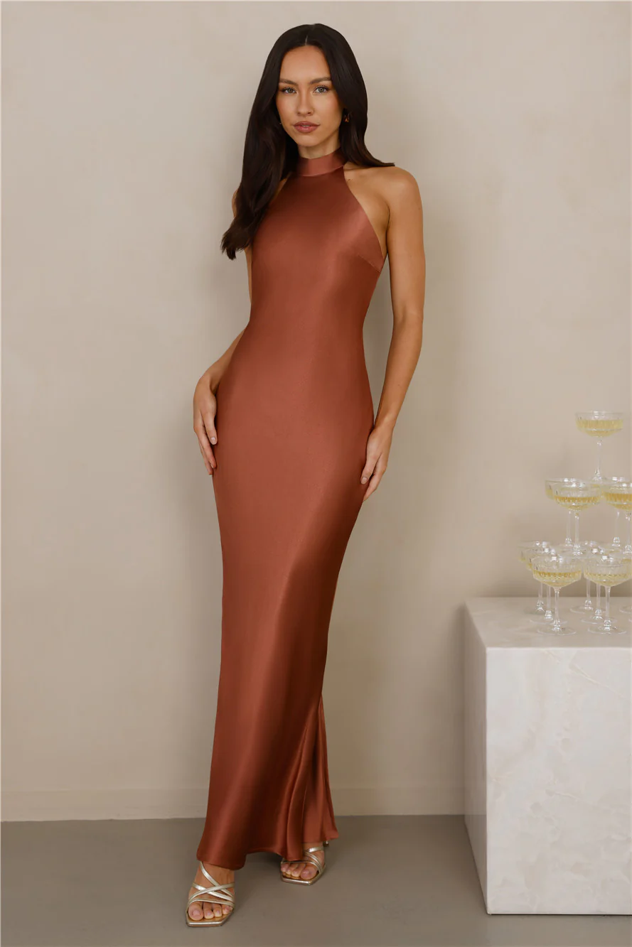 The Cleo Halter Satin Maxi Dress Copper