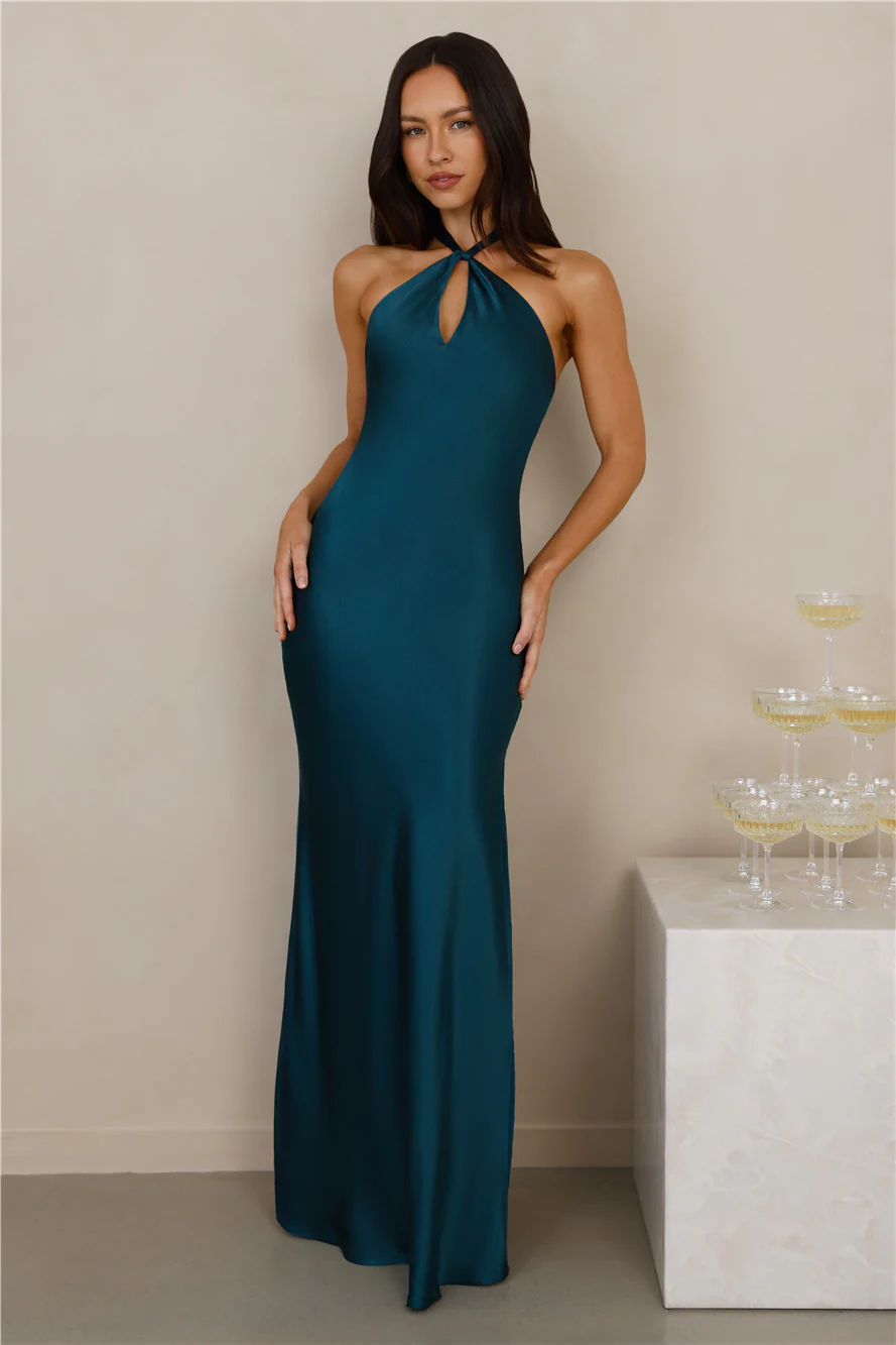 The Delilah Satin Halter Maxi Dress Teal