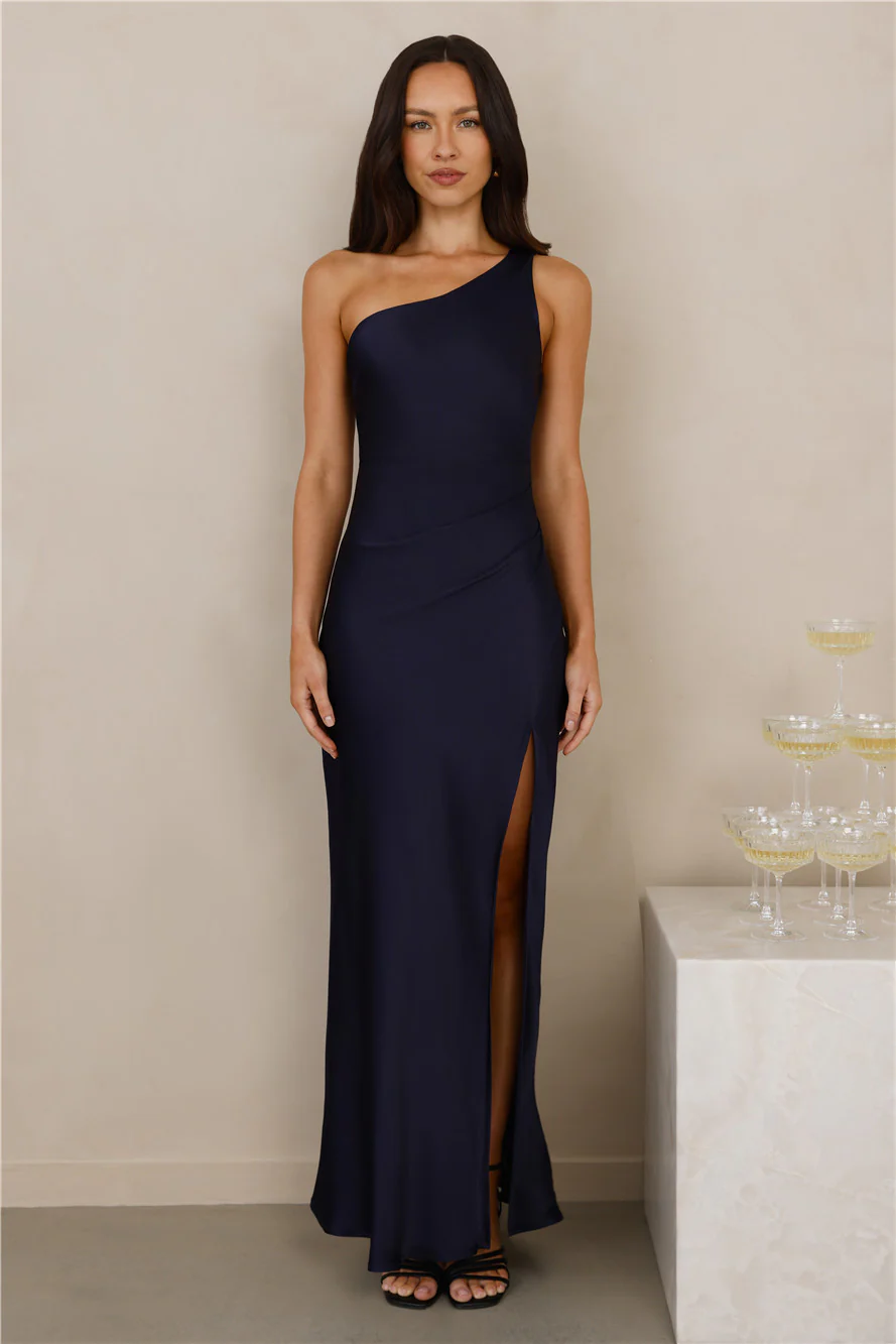 The Aurora One Shoulder Satin Maxi Dress Navy