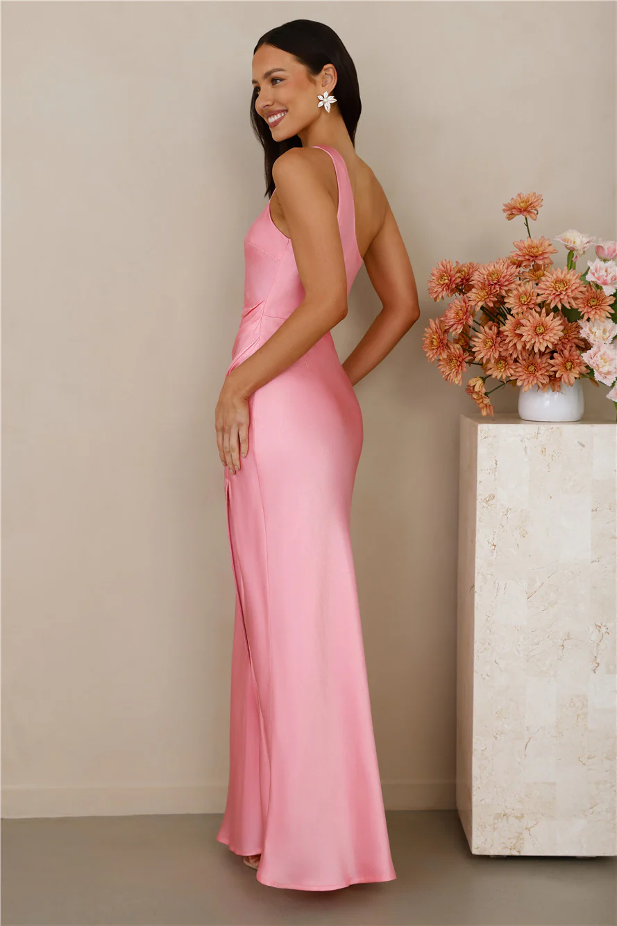 The Aurora One Shoulder Satin Maxi Dress Candy