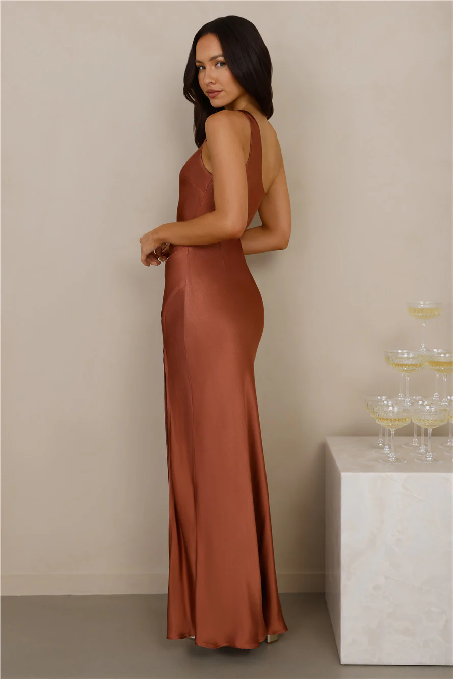 The Aurora One Shoulder Satin Maxi Dress Copper