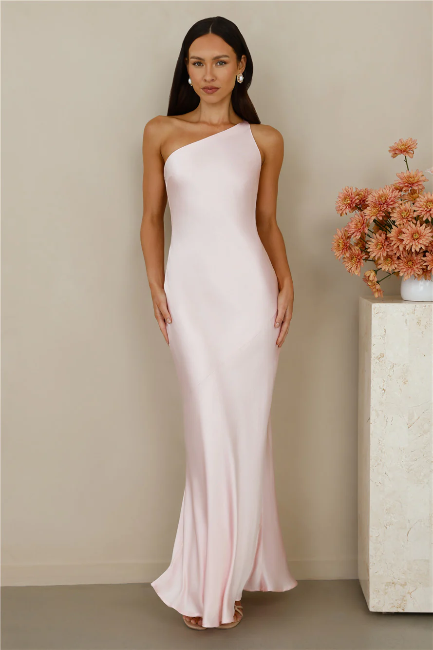 The Evangeline One Shoulder Satin Maxi Dress Pink