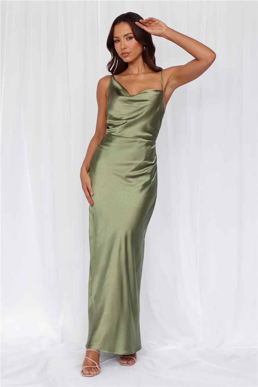 The Madeline Cowl Satin Maxi Dress Olive
