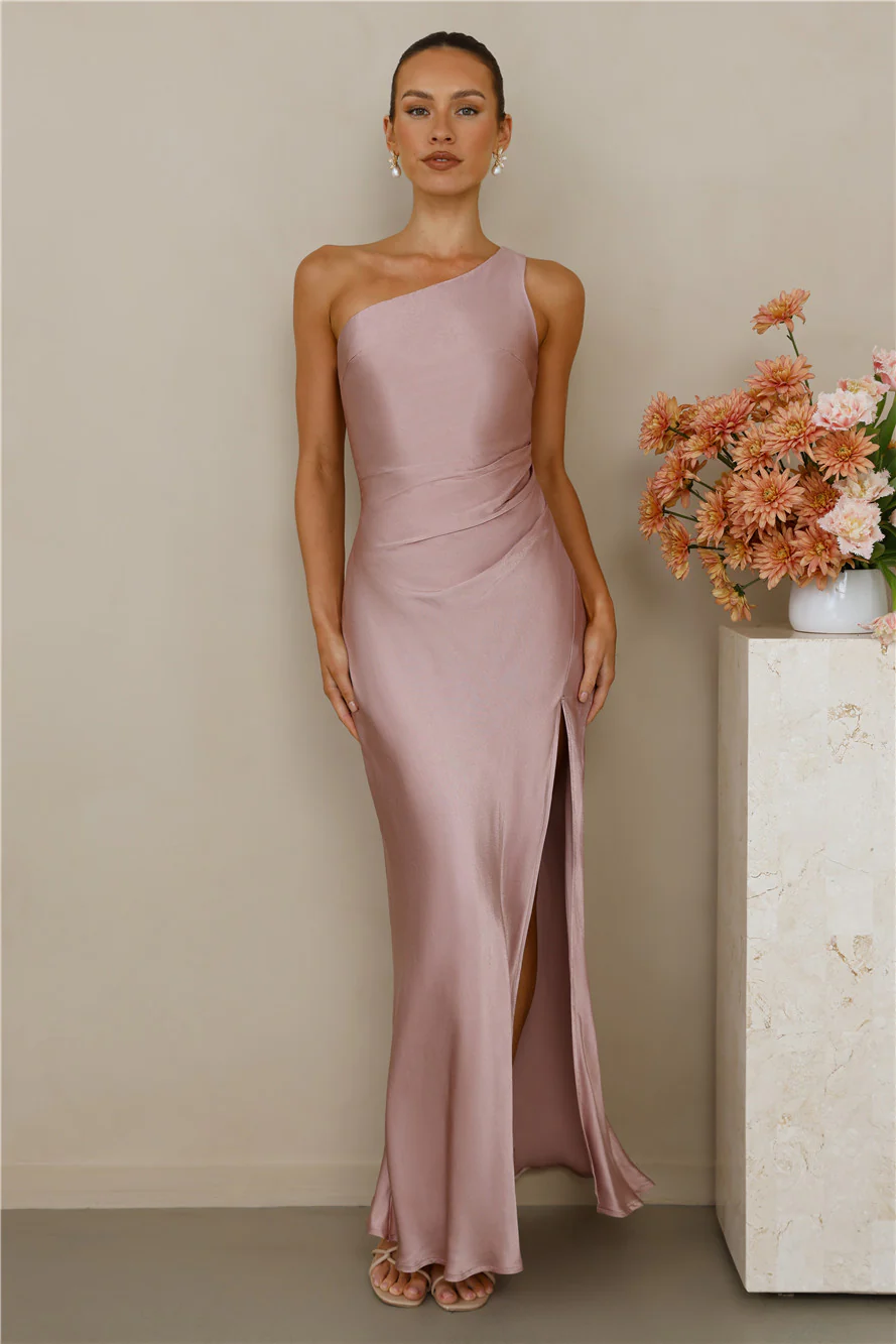 The Aurora One Shoulder Satin Maxi Dress Dusty Pink