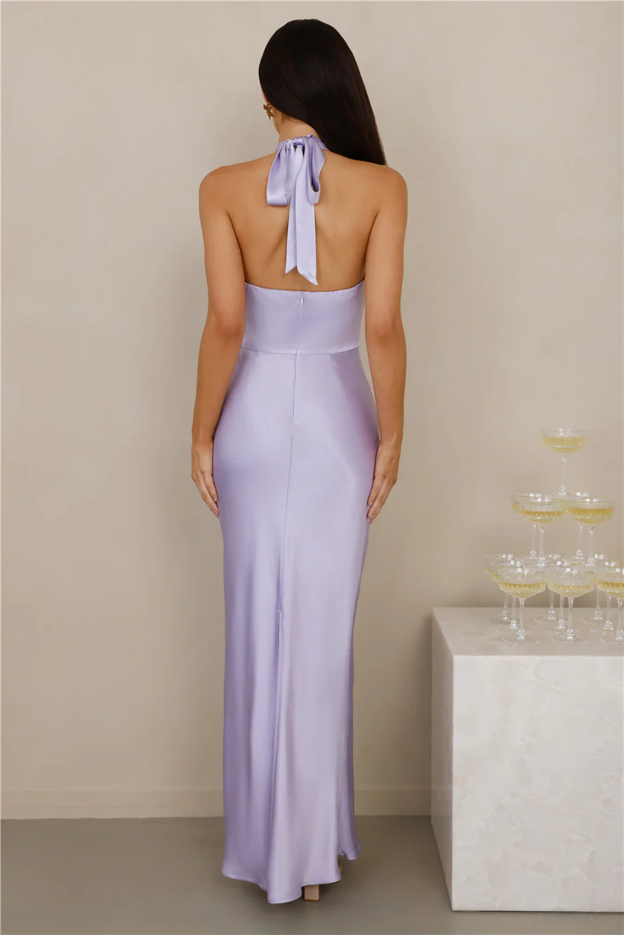 The Cleo Halter Satin Maxi Dress Lilac