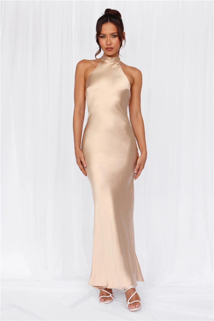 The Cleo Halter Satin Maxi Dress Champagne