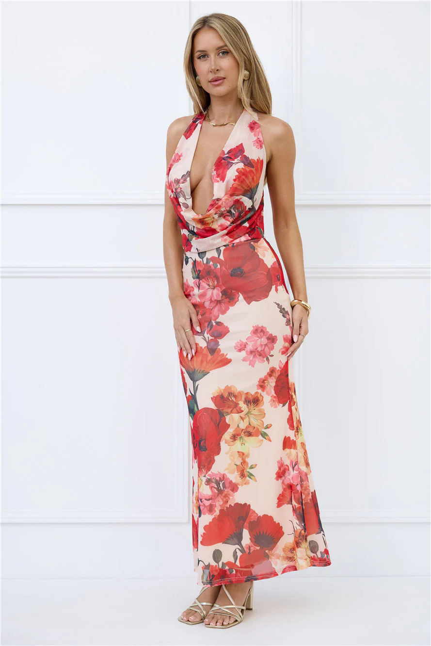 Viral Vibes Mesh Halter Maxi Dress Beige