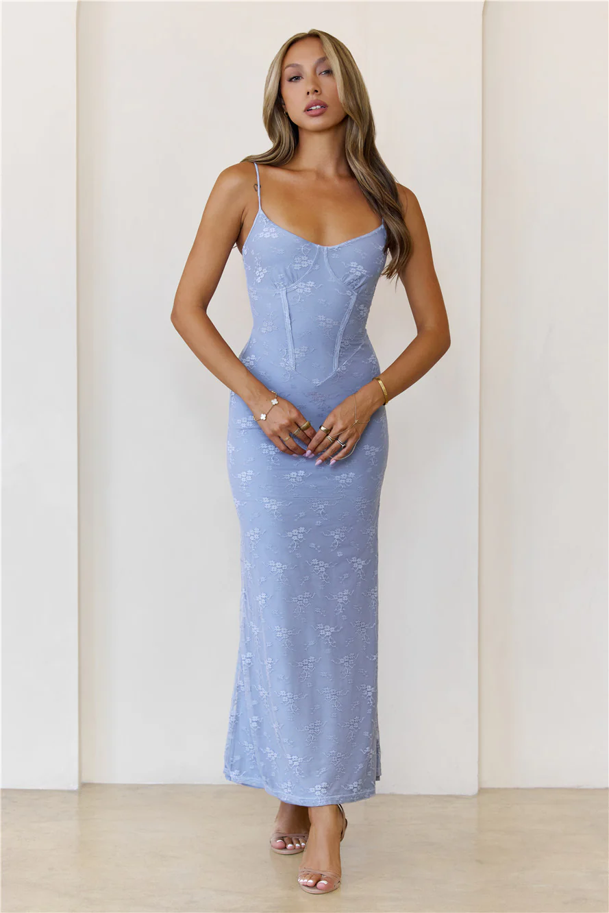 Sheer Radiance Lace Maxi Dress Blue