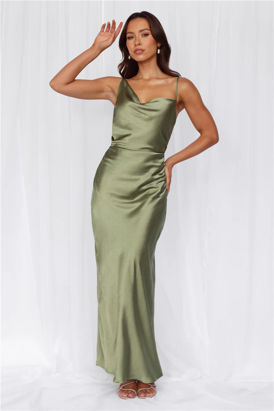 The Madeline Cowl Satin Maxi Dress Olive