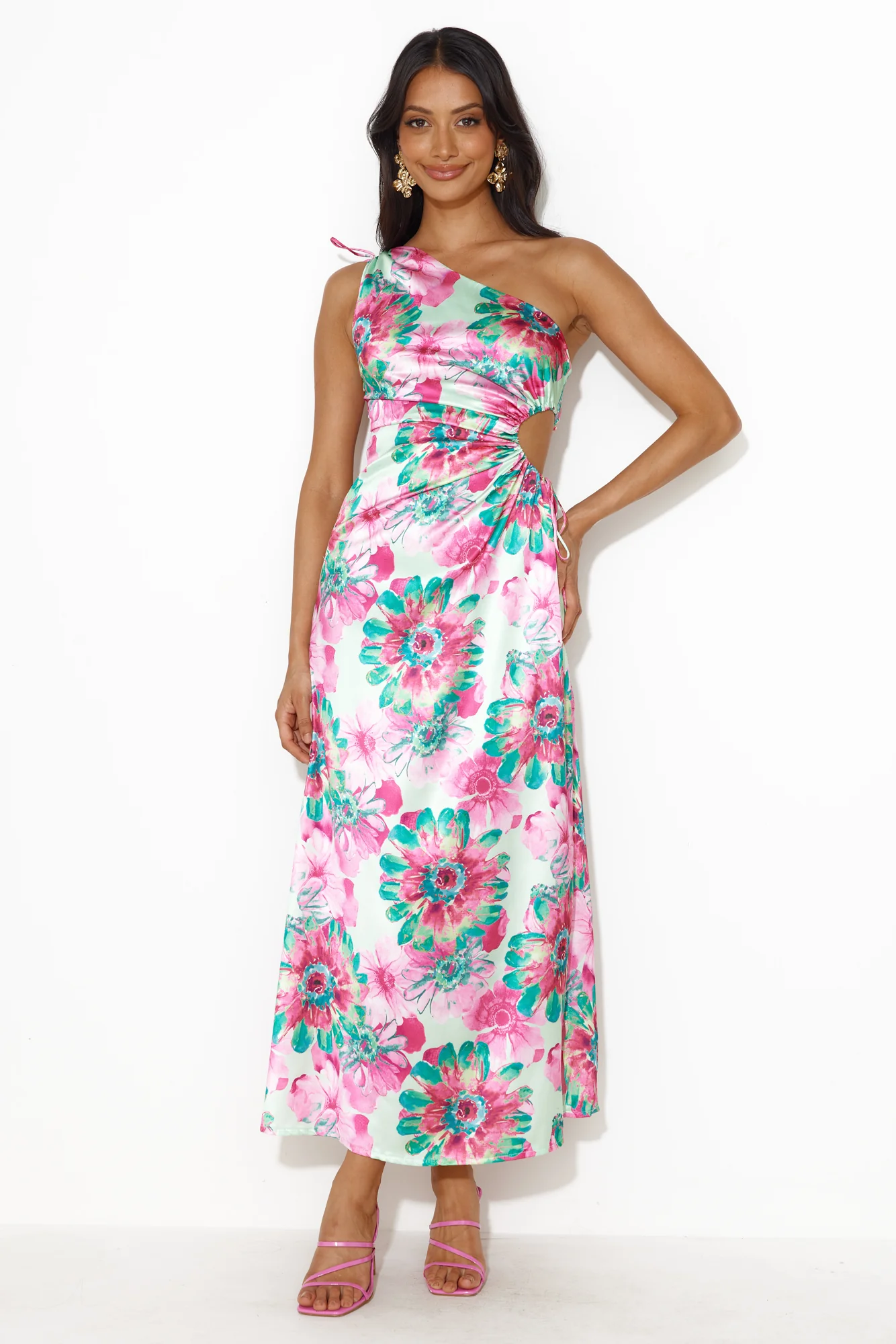 Ticket To Success One Shoulder Satin Maxi Dress Green