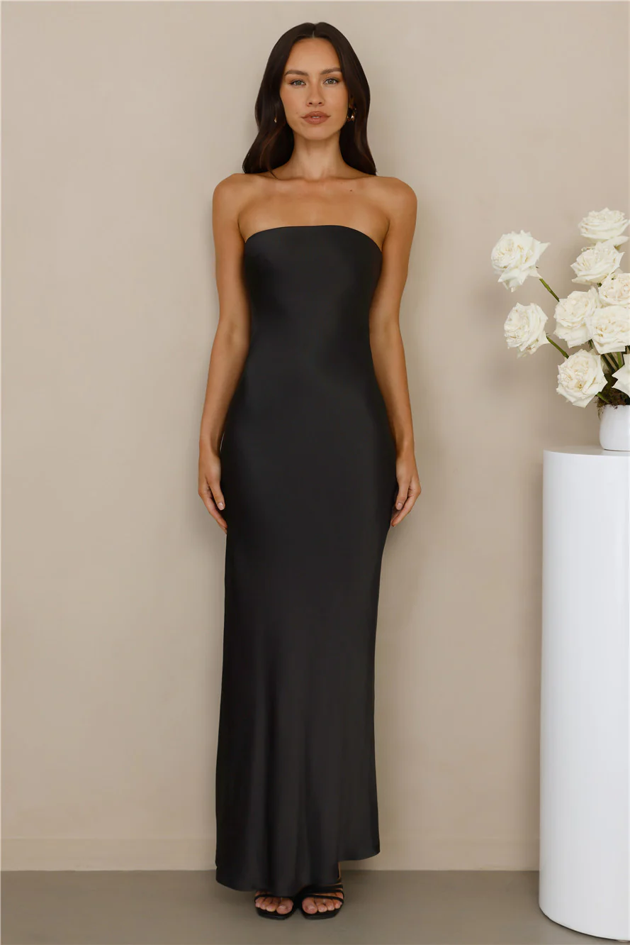 The Felicity Strapless Satin Maxi Dress Black