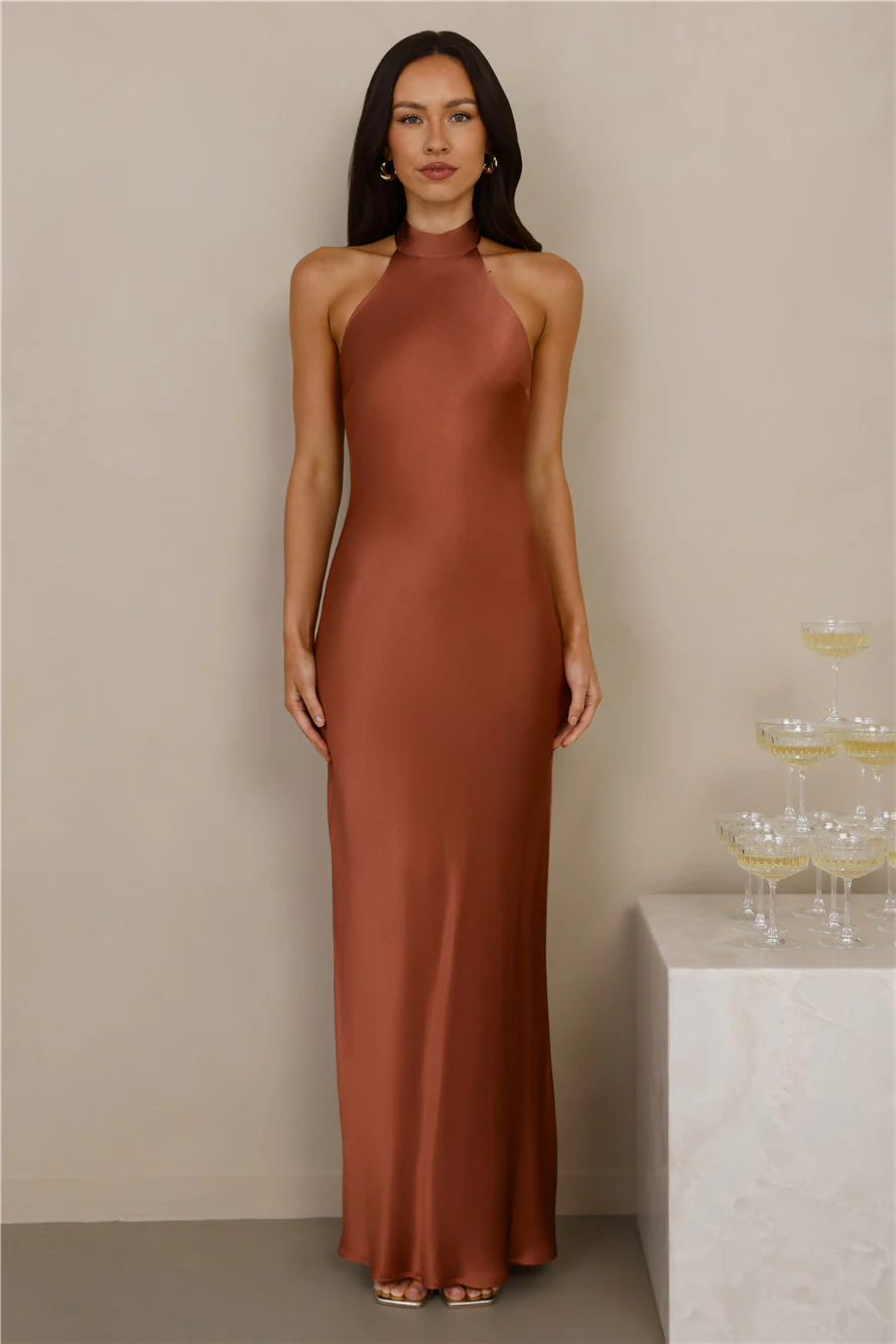The Cleo Halter Satin Maxi Dress Copper