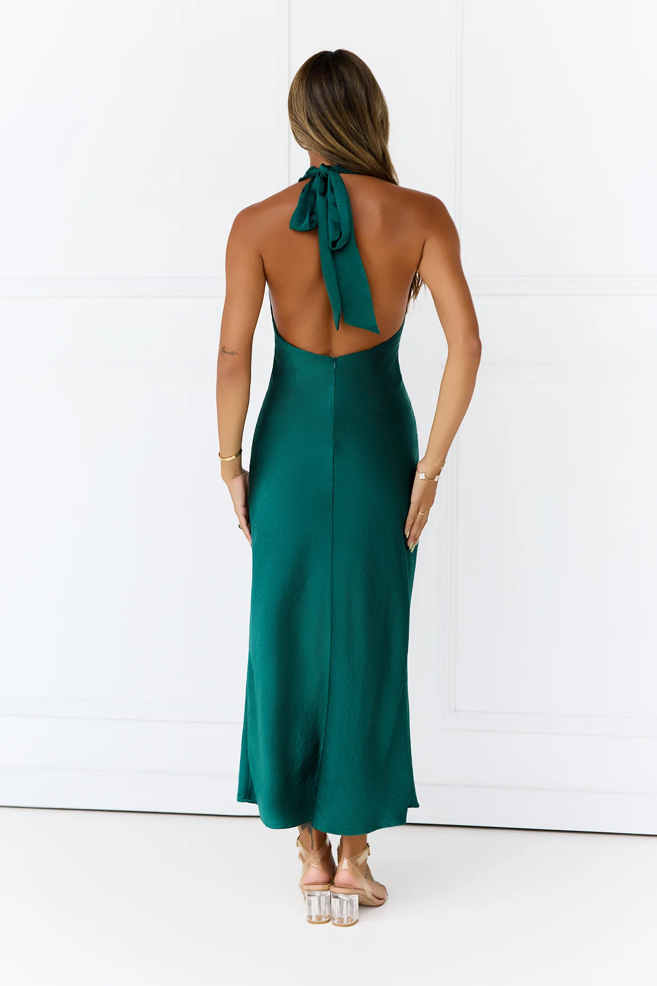 Twilight Glow Satin Halter Midi Dress Green