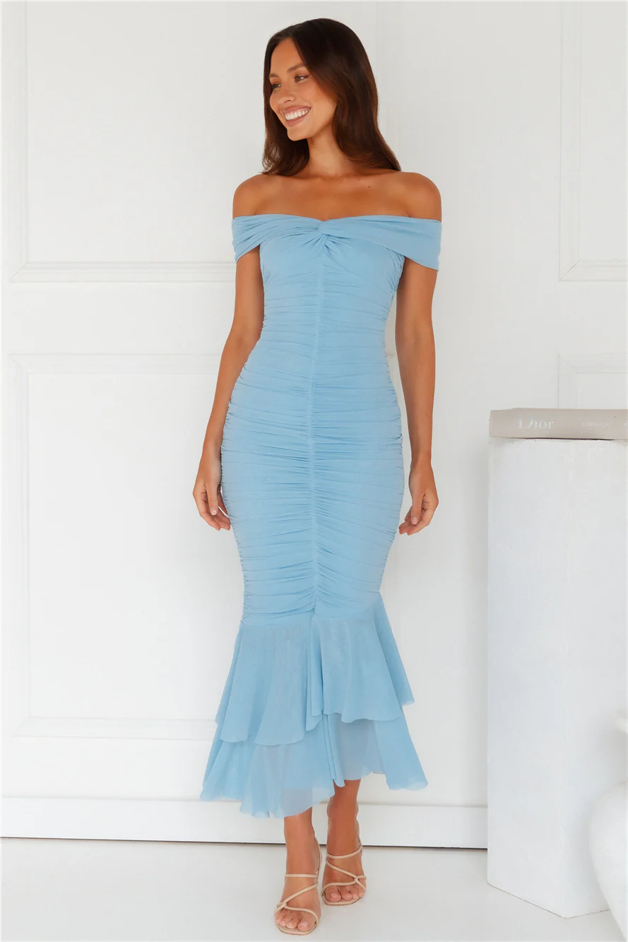 Tanisha Off Shoulder Mesh Midi Dress Blue