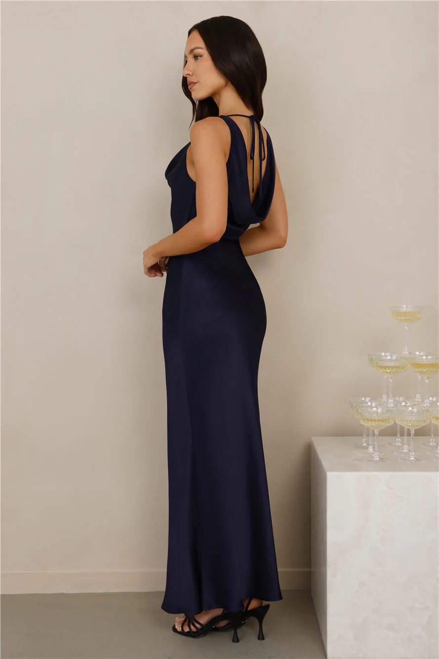 The Loretta Cowl Satin Maxi Dress Navy