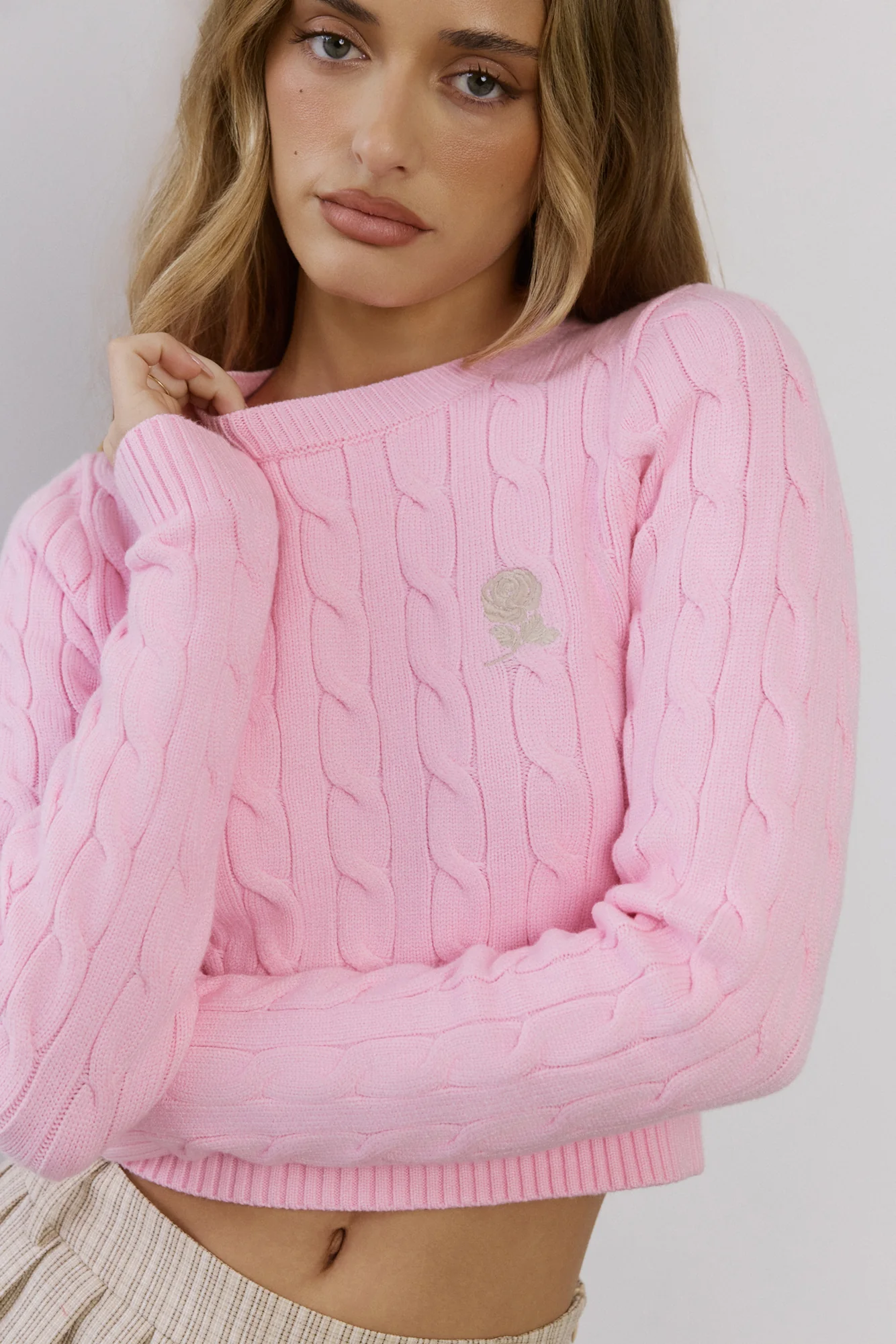 The Exclusive Cable Knit Rose Sweater Pink