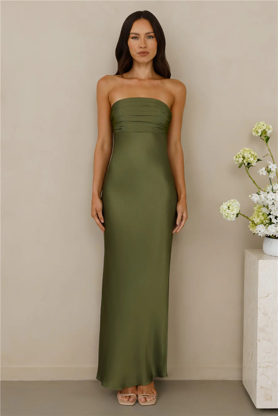 The Seraphina Strapless Satin Maxi Dress Olive