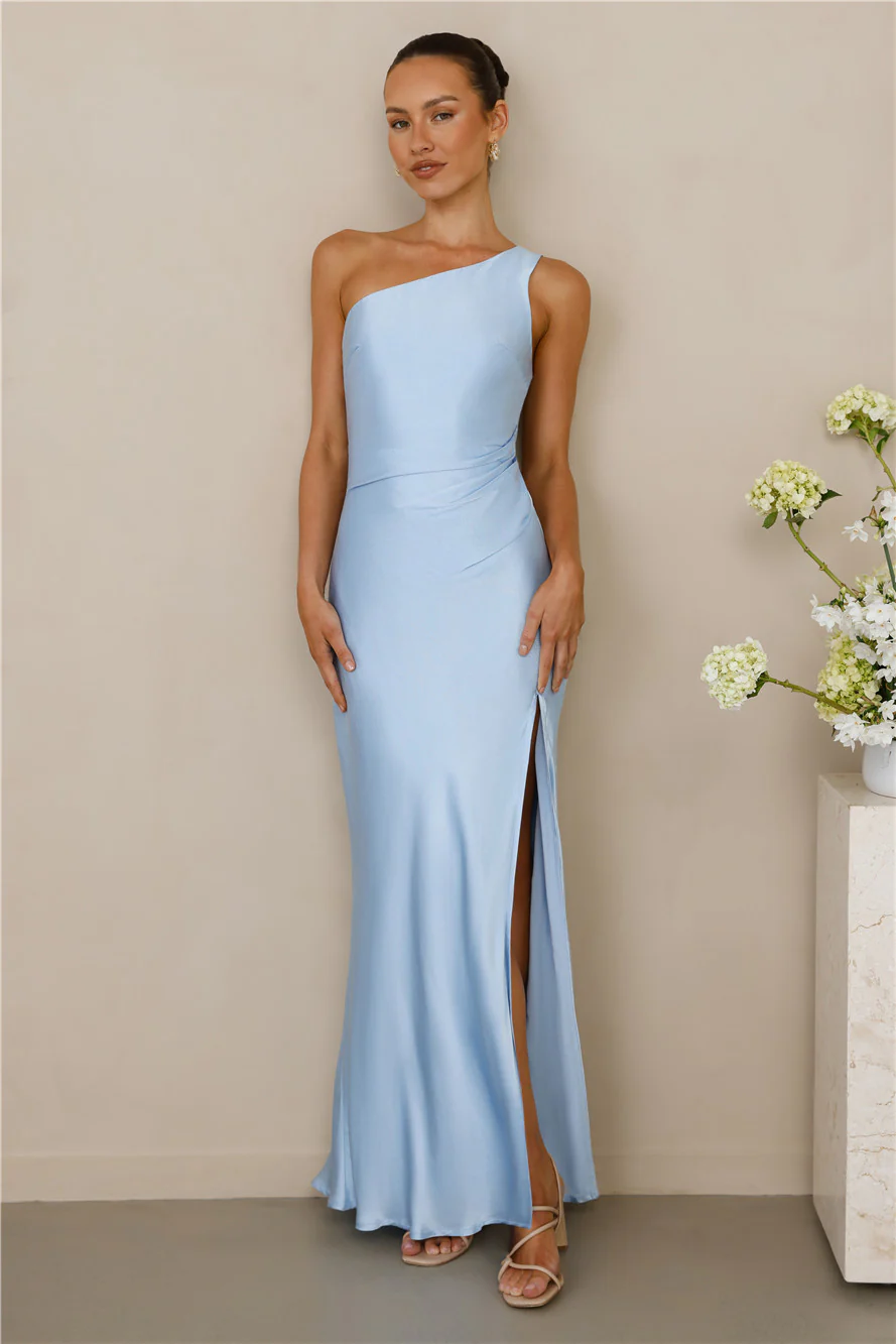 The Aurora One Shoulder Satin Maxi Dress Blue