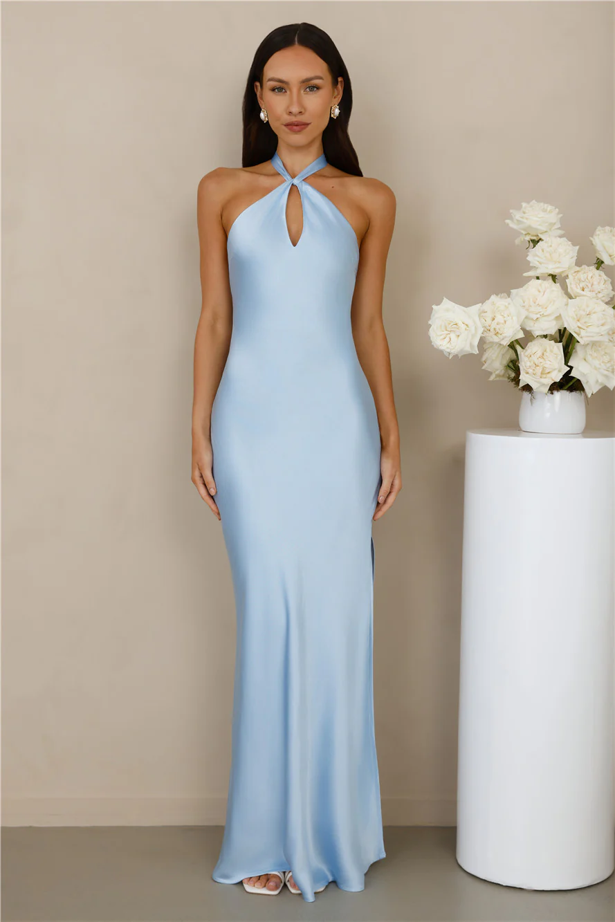 The Delilah Satin Halter Maxi Dress Blue