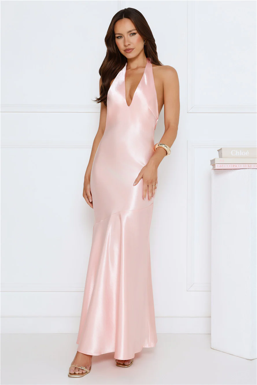 Softly Yours Satin Halter Maxi Dress Pink