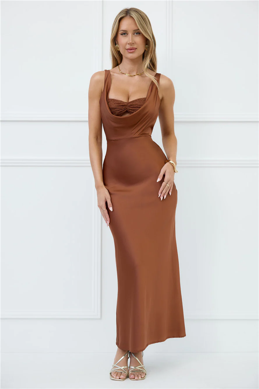Silken Stars Satin Maxi Dress Brown
