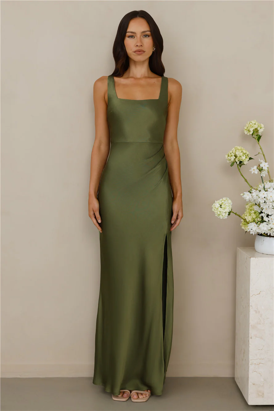 The Evelina Satin Maxi Dress Olive