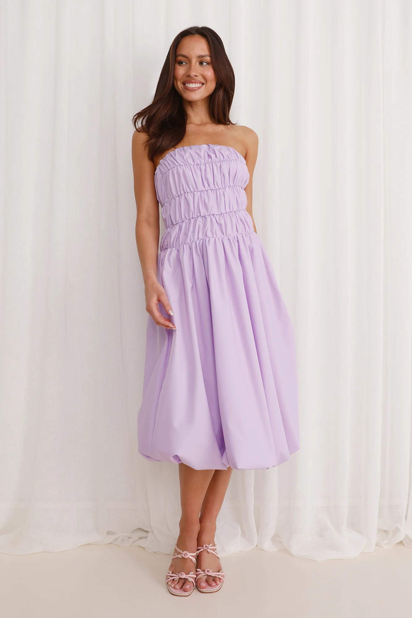 Stella Strapless Bubble Midi Dress Lilac