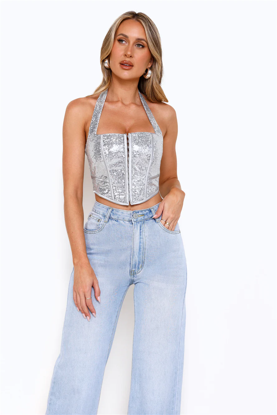 Sequin Edition Halter Corset Crop Top Silver