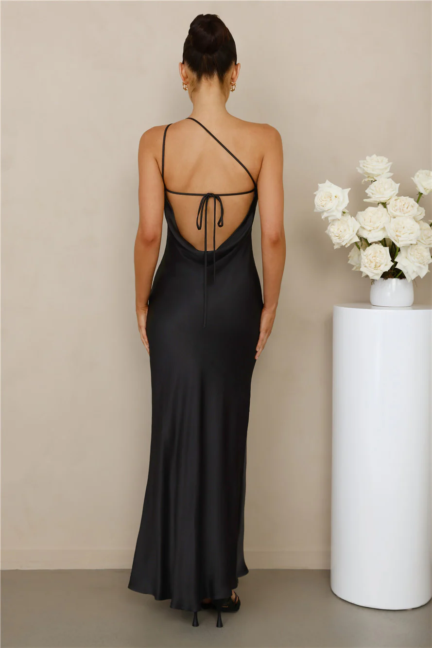 The Evangeline One Shoulder Satin Maxi Dress Black
