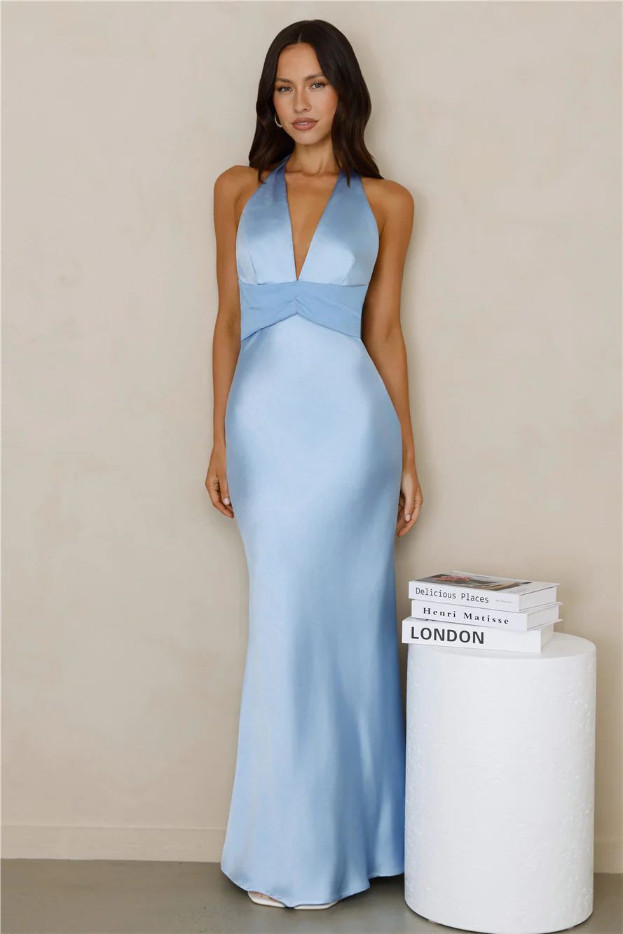 Spiced Sunset Satin Halter Maxi Dress Blue